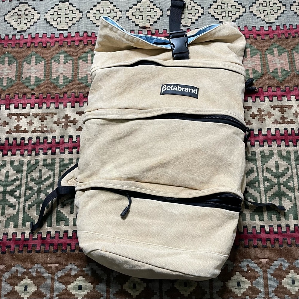 Betabrand Beige Canvas Roll-Top Backpack with Black Trim